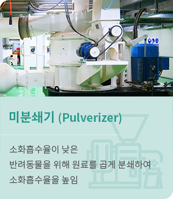 미분쇄기(Pulverizer) 장이 짧아 소화흡수율이 낮은 반려동물을 위해 원료를 곱게 분쇄하여 소화흡수율을 높임